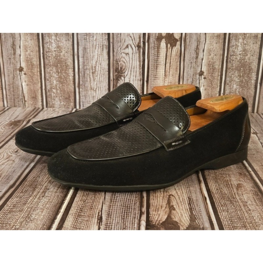 Sz 8 M Mens Mezlan Black Suede/ Perf Leather Moc Toe Loafers Slip-On Shoes VGUC!